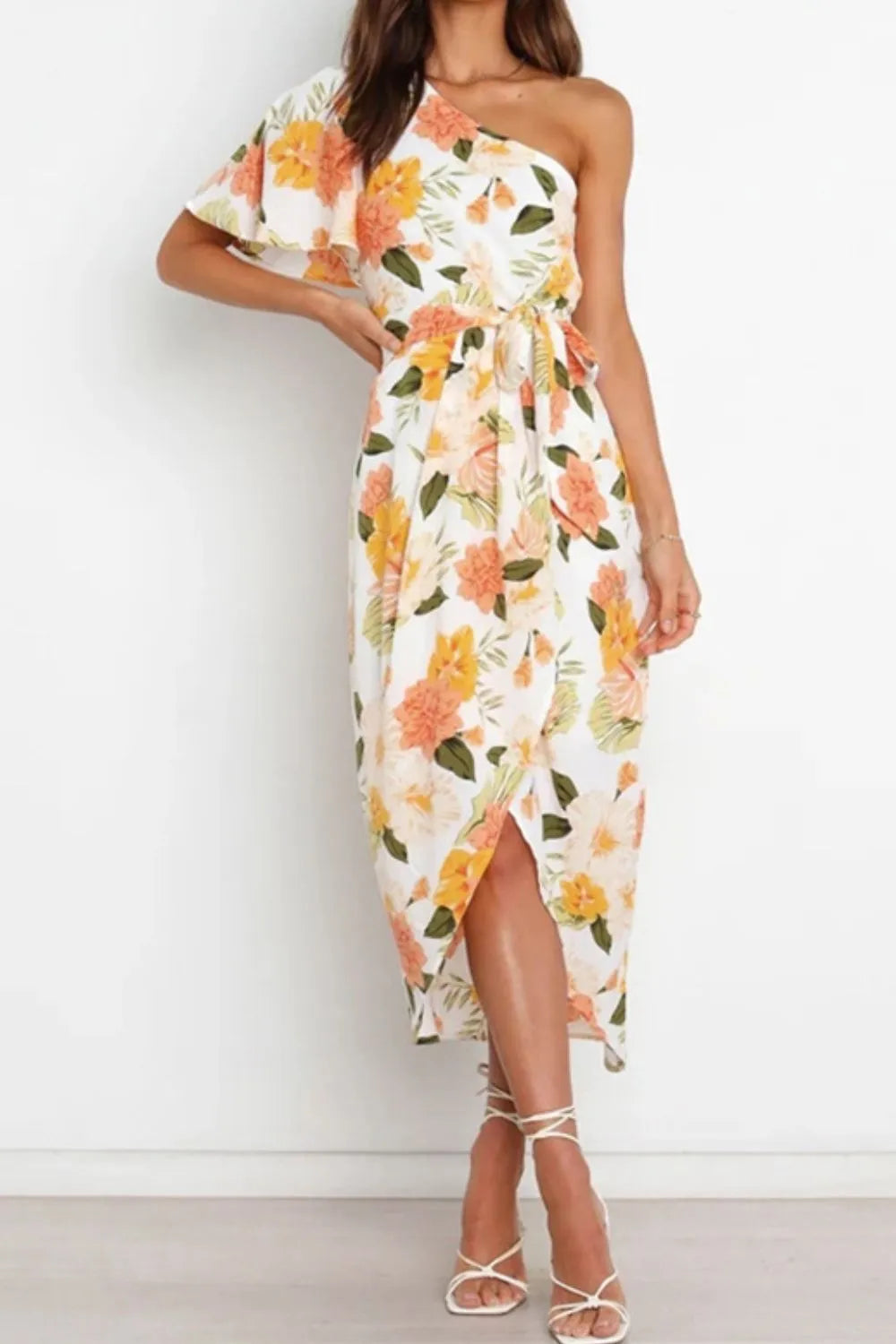 Floral One-Shoulder Tied Tulip Hem Dress