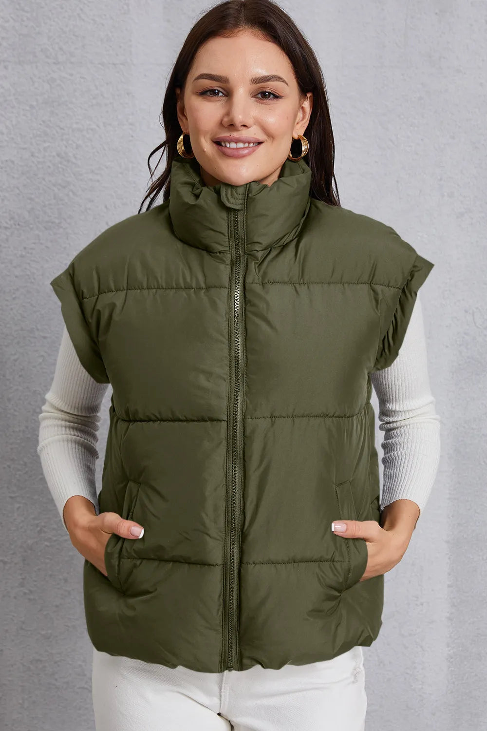 Zip Up Turtleneck Pocketed Vest Coat