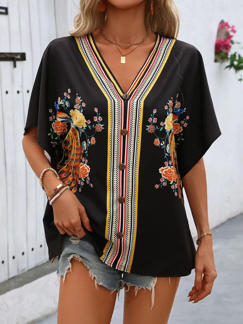 Decorative Button Printed V-Neck Half Sleeve Blouse