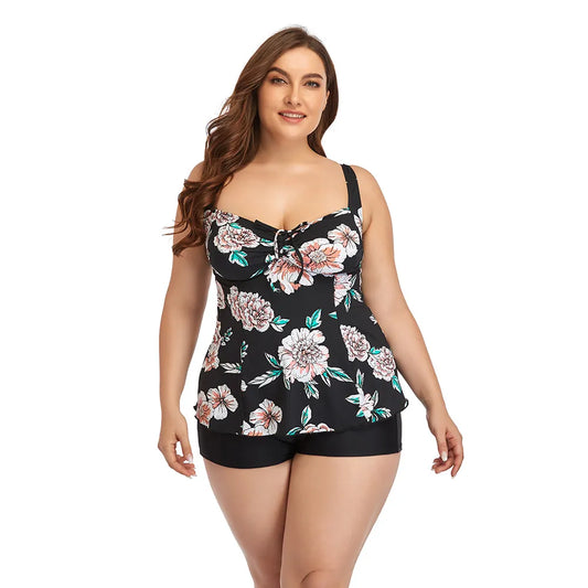 Plus Size Floral Drawstring Ruched Two-Piece Swim Set