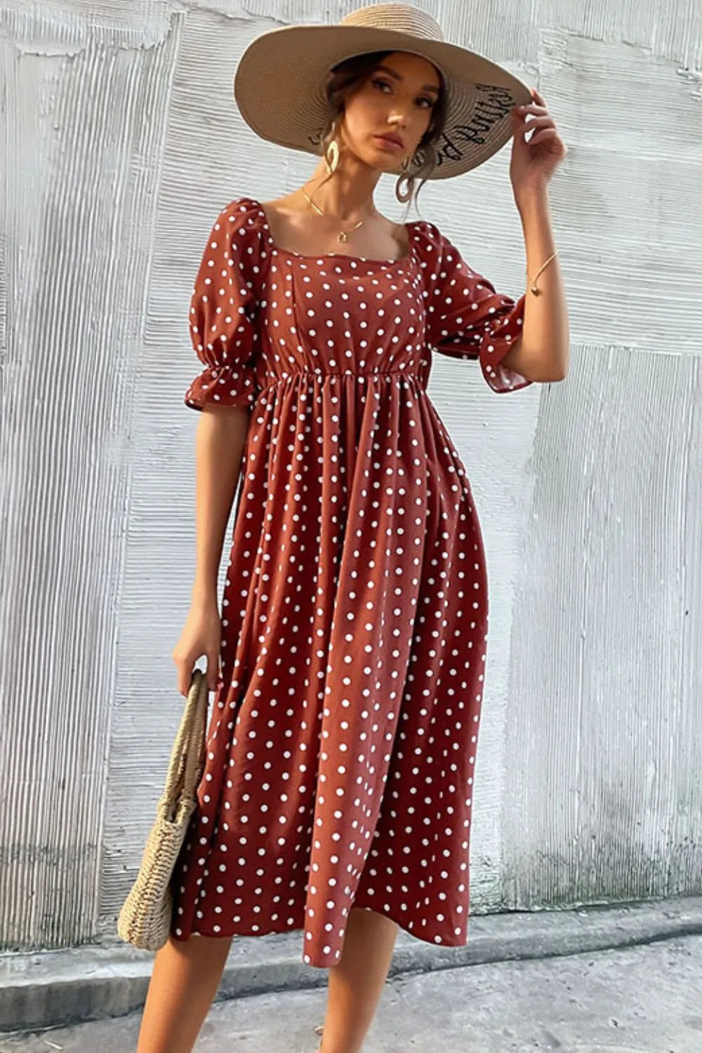 Polka Dot Square Neck Flounce Sleeve Dress