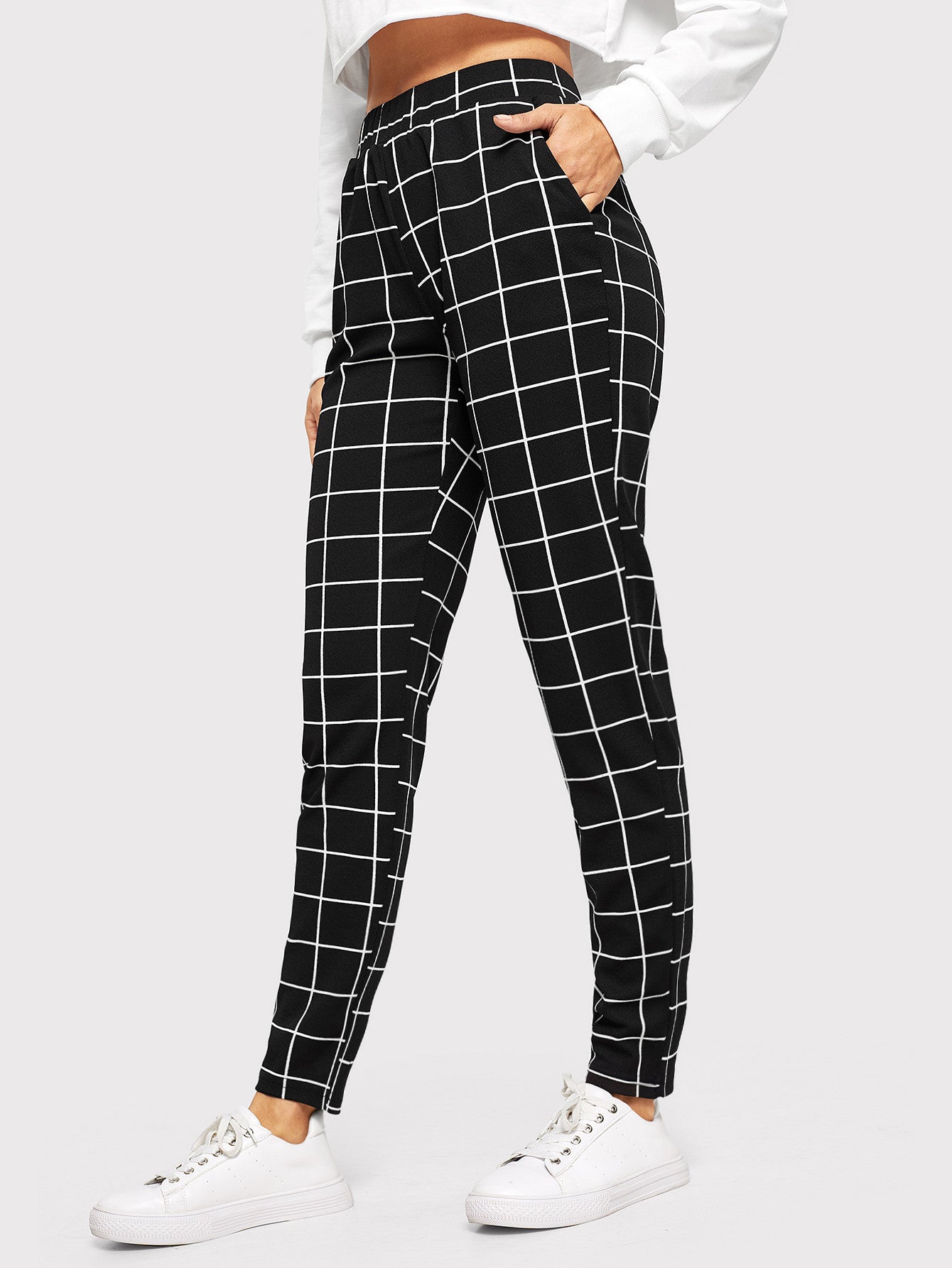 Elastic Waist Slant Pocket Grid Pants