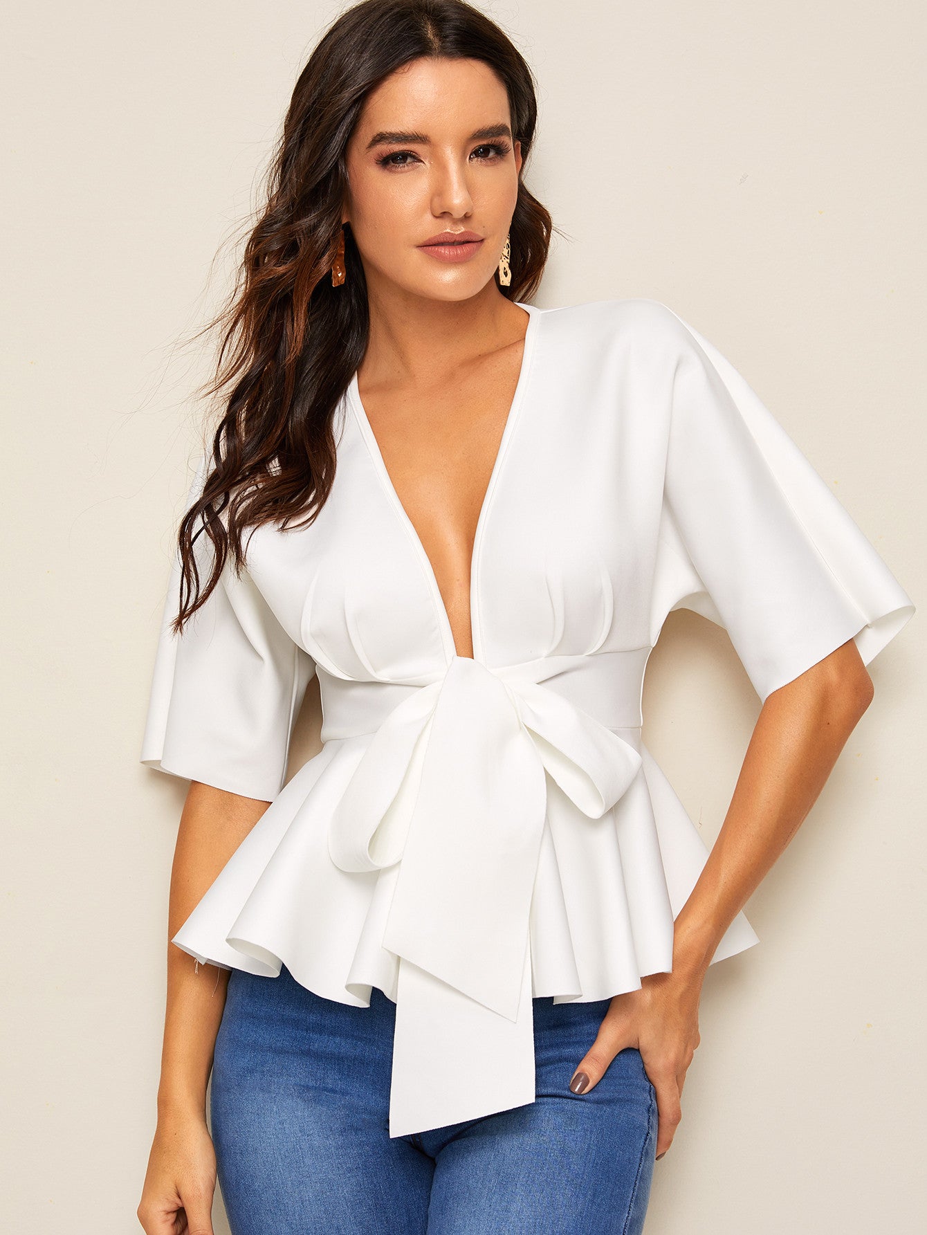 Plunge Neck Tie Waist Peplum Top