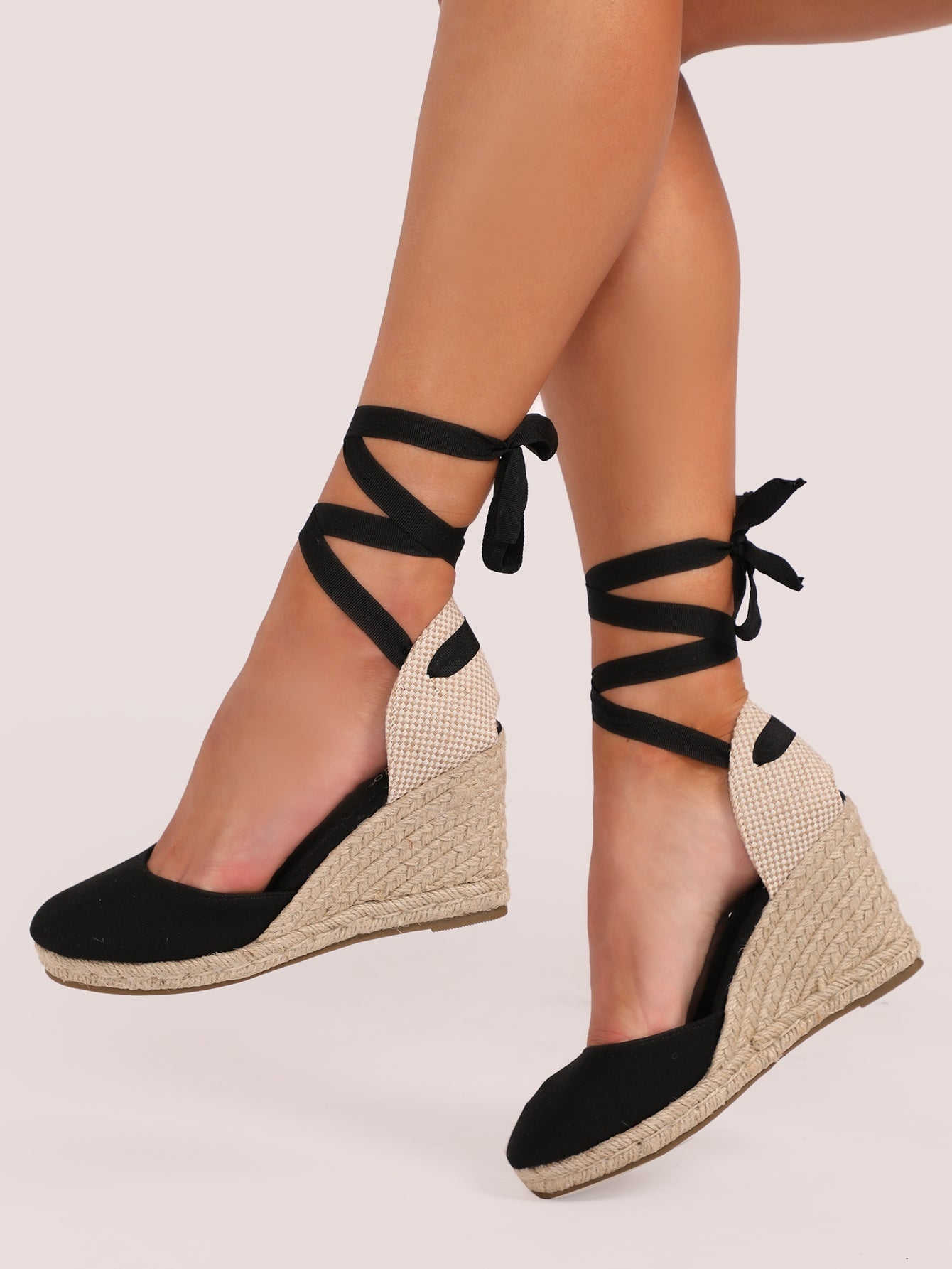 Lace Up Ankle Closed Toe Jute Trim Wedges