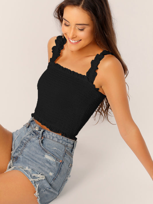 Black Frill Trim Shirred Crop Women Top