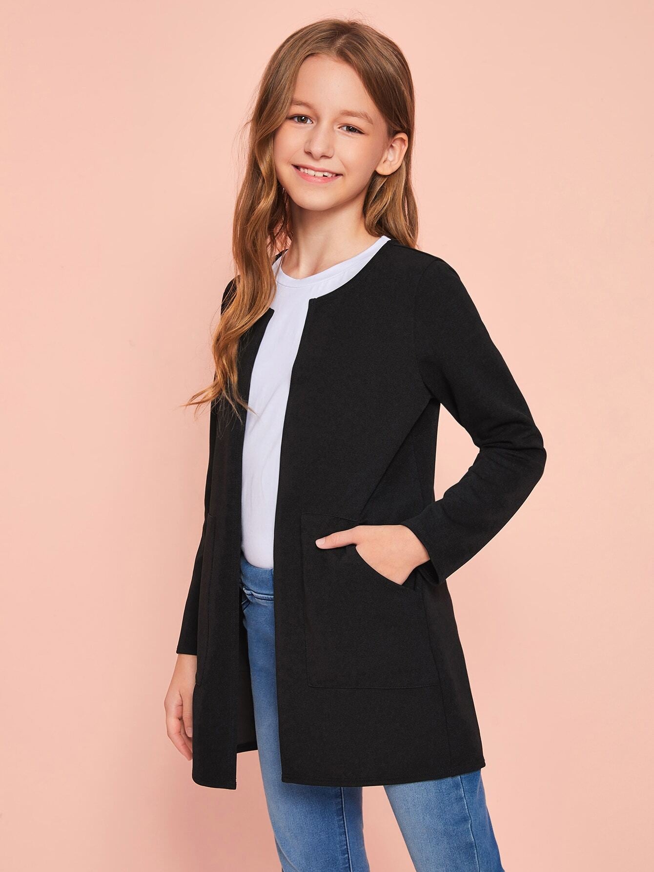 Tween Girl Open Front Pocket Detail Coat