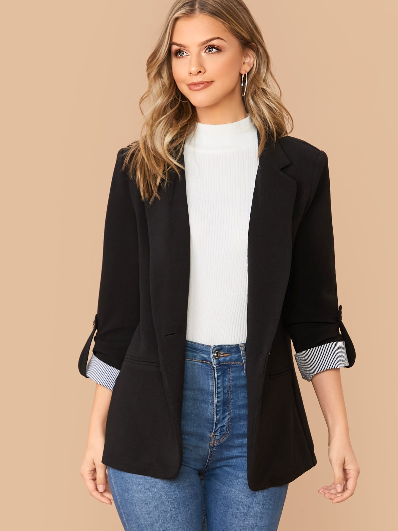 Notched Collar Roll Tab Sleeve Blazer