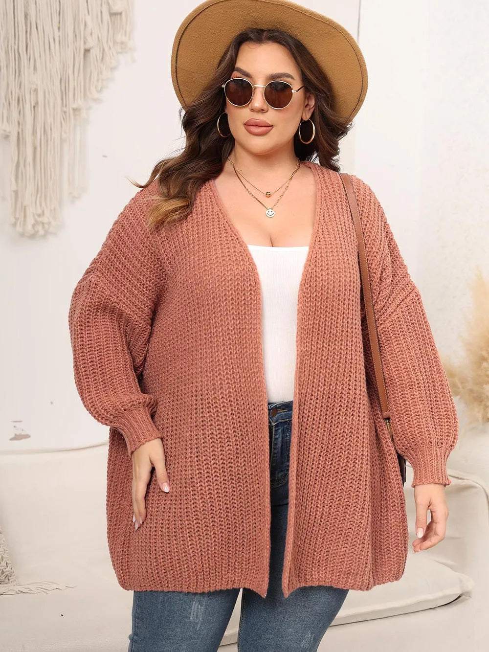 Plus Size Open Front Dropped Shoulder Knit Cardigan