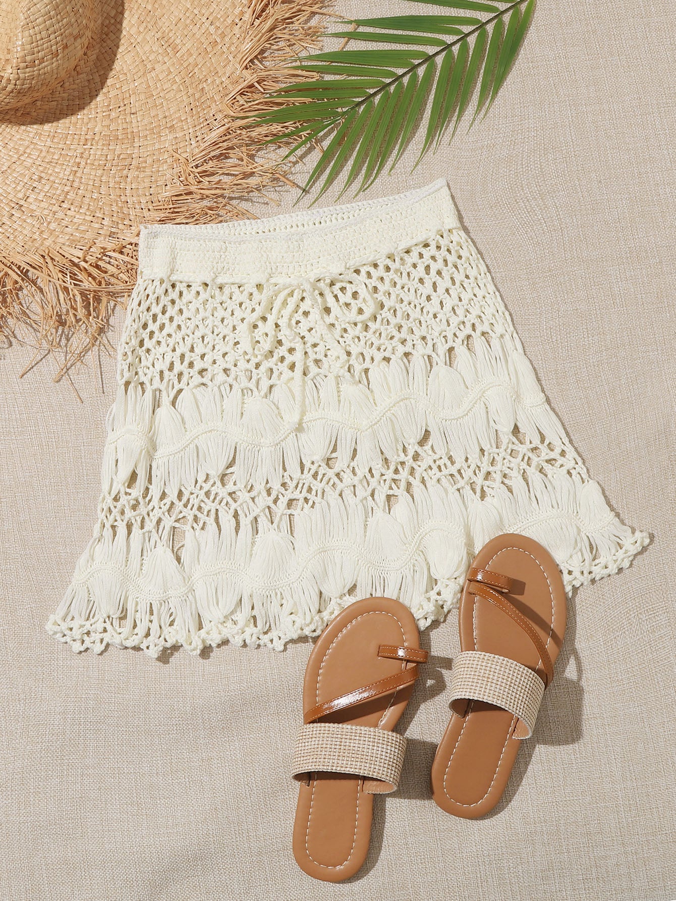 Swim Vcay Summer Beach Tie Waist Crochet Cover Up Skirt