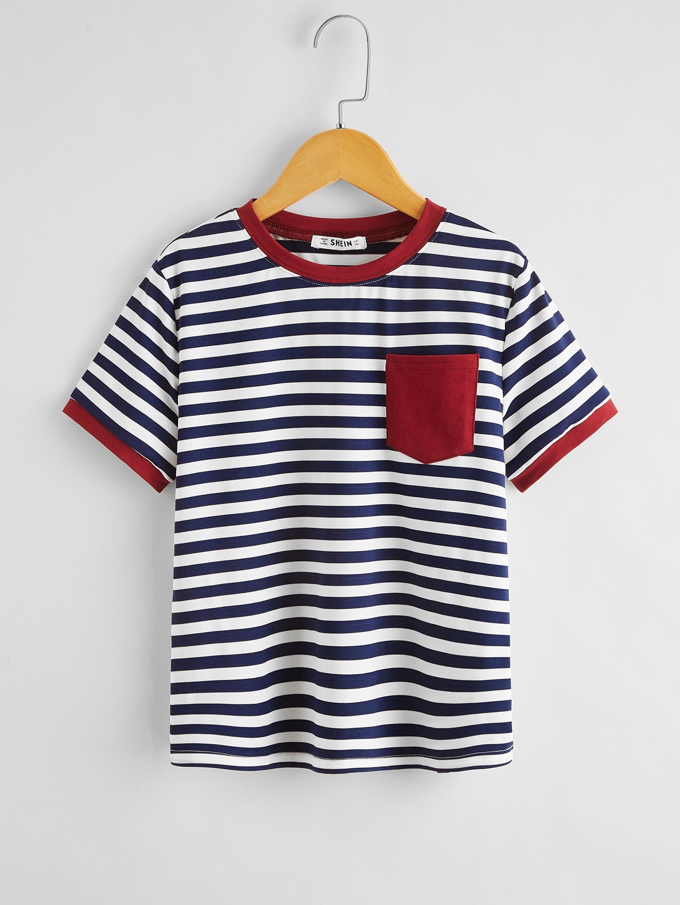 Tween Boys' Striped Pocket Patchwork Trim T-Shirt With Simple Casual Style, Suitable For Daily Wear In Summer