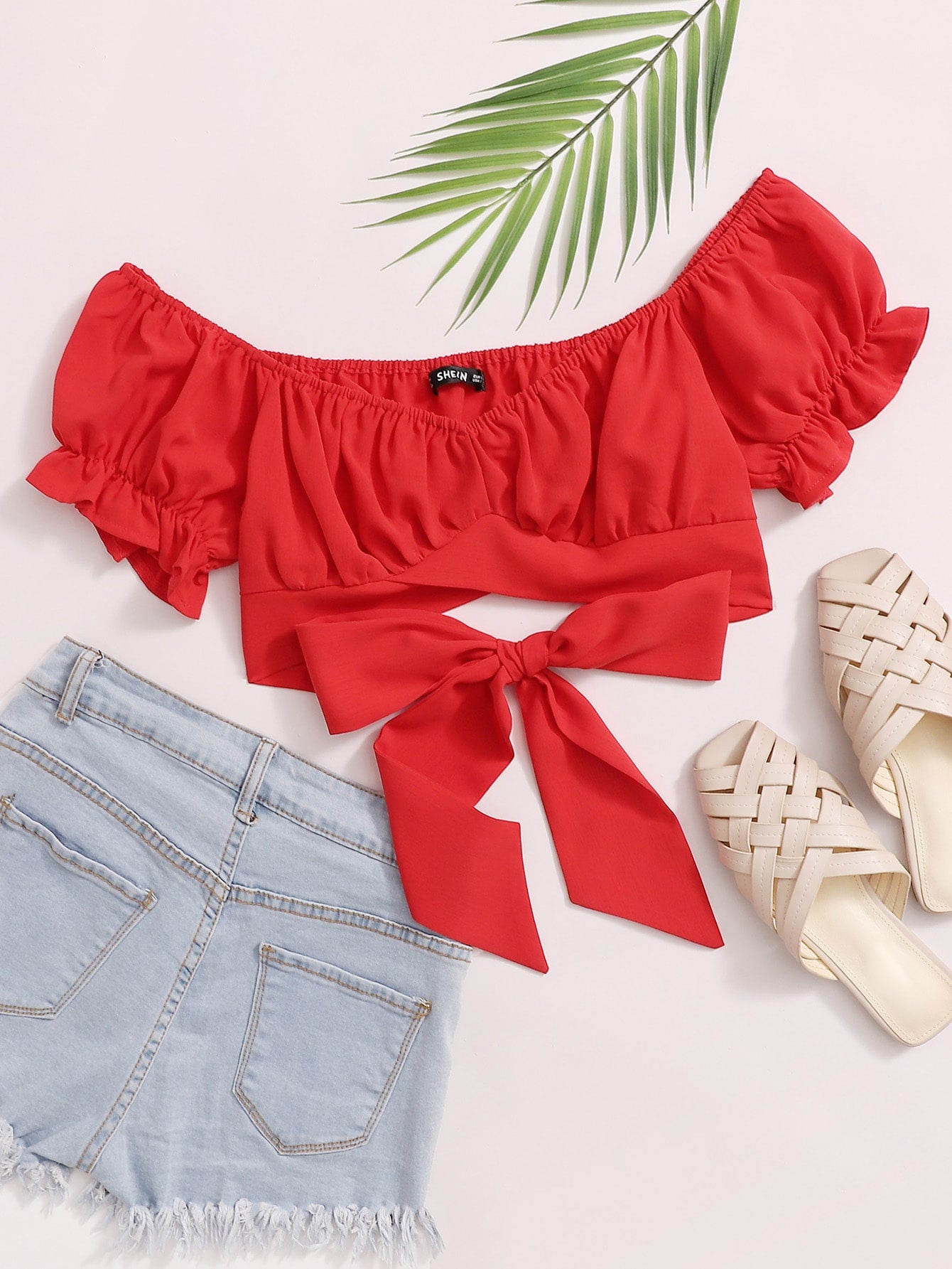 Tied Hem Puff Sleeve Crop Top