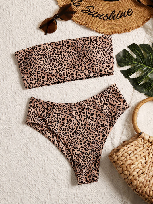 Swim Summer Beach Leopard Bandeau High Waisted Bikini Set