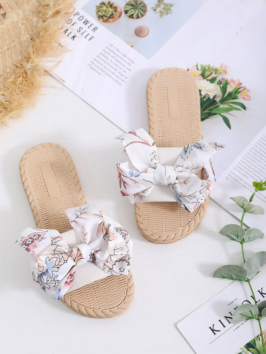 Floral Bow Applique Basketwoven Sandals,Women's trendy graffiti canvas with bow-knot and anti-slip and wear-resistant soft sole low heel sandals for a comfortable and stylish look