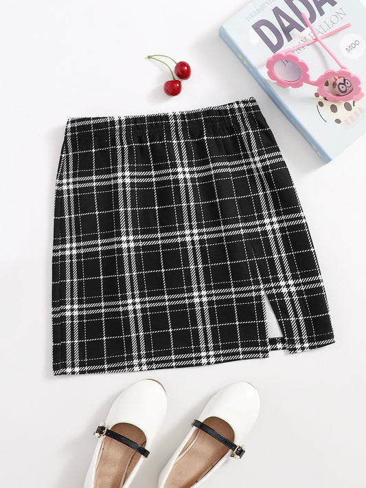 Tween Girl Split Hem Plaid Skirt