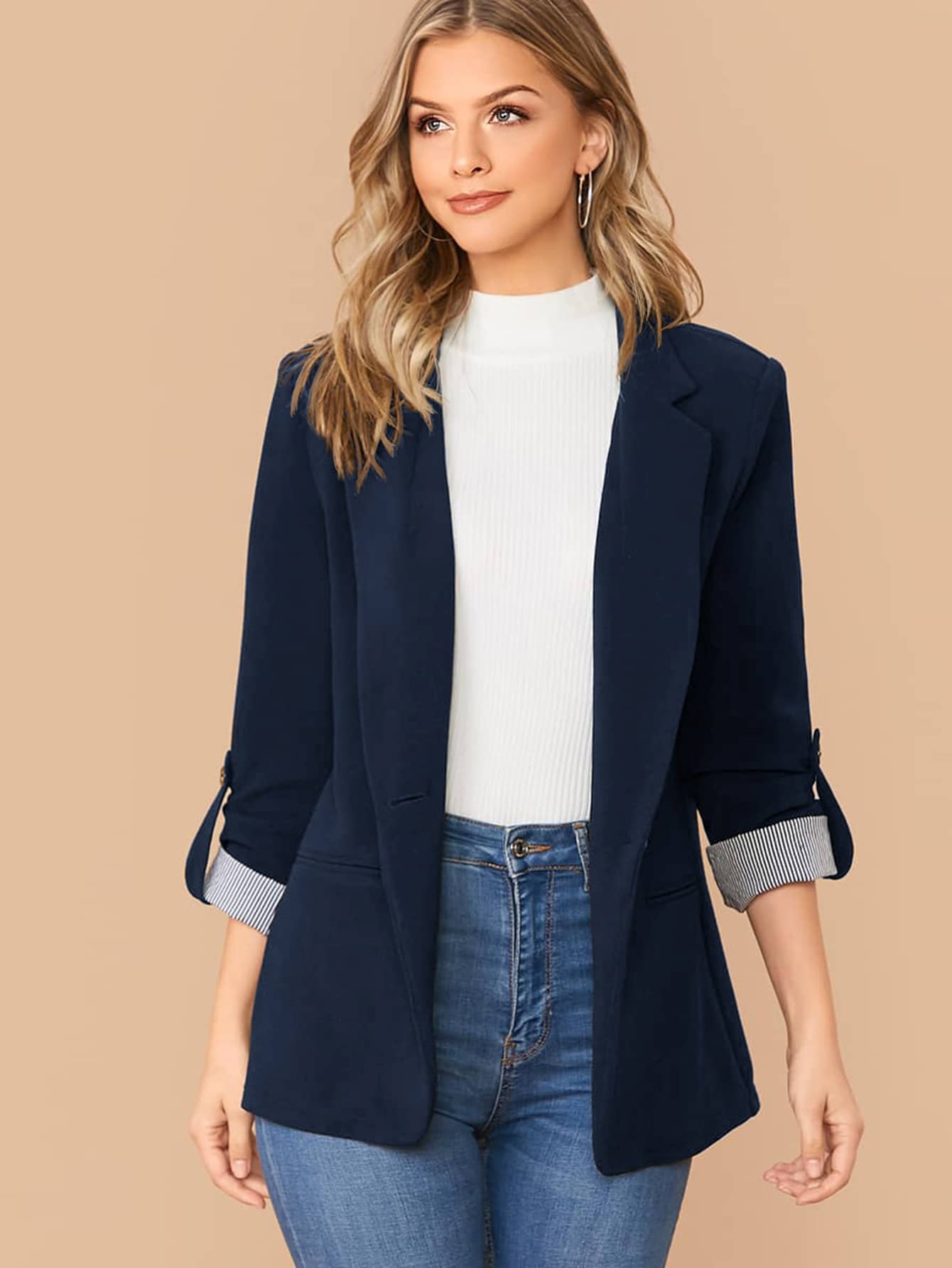 Notched Collar Roll Tab Sleeve Blazer