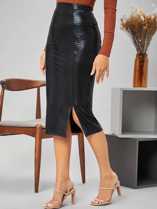 Modely Faux Crocodile Leather Slit Pencil Black Skirt