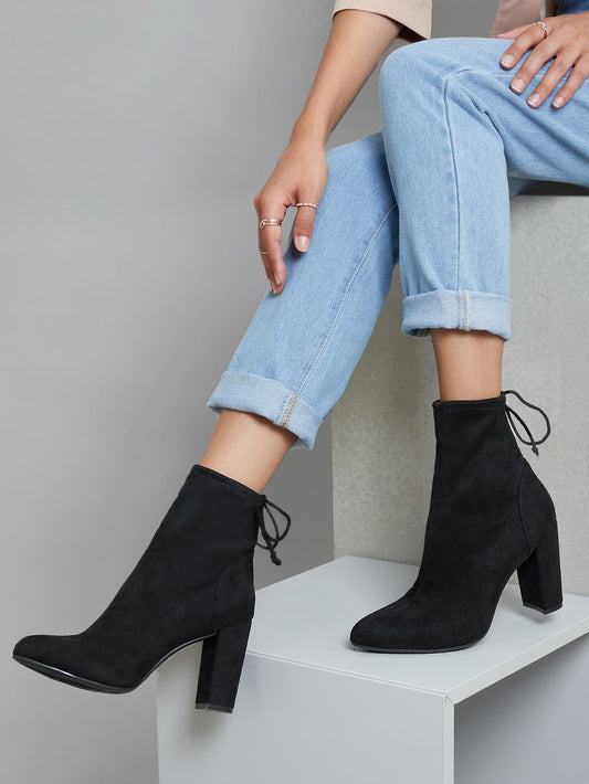 Faux Suede Self-Tie Block Heel Booties