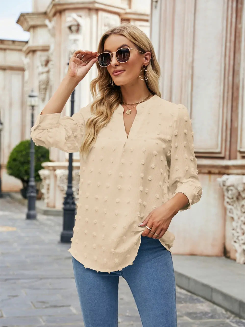 Swiss Dot Notched Neck Blouse