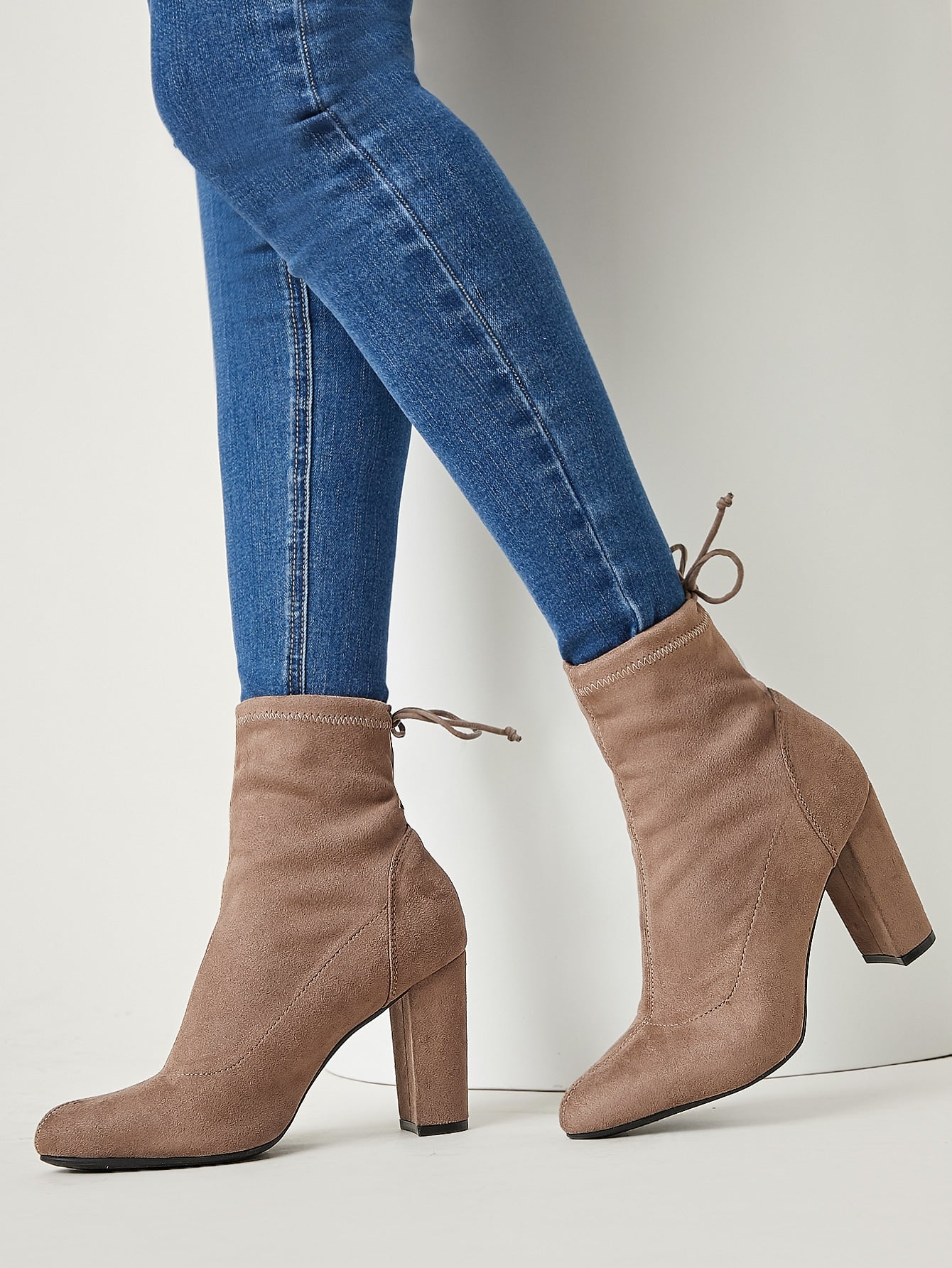 Faux Suede Self-Tie Block Heel Booties