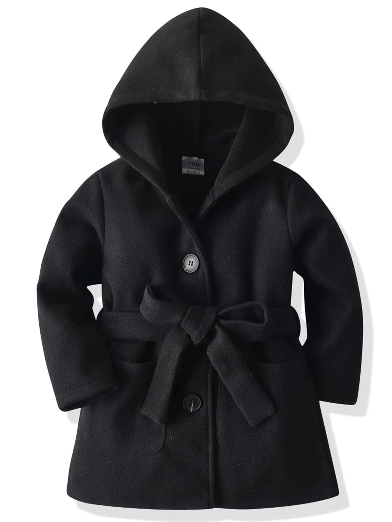 Young Girl Pocket Front Belted Hooded Coat