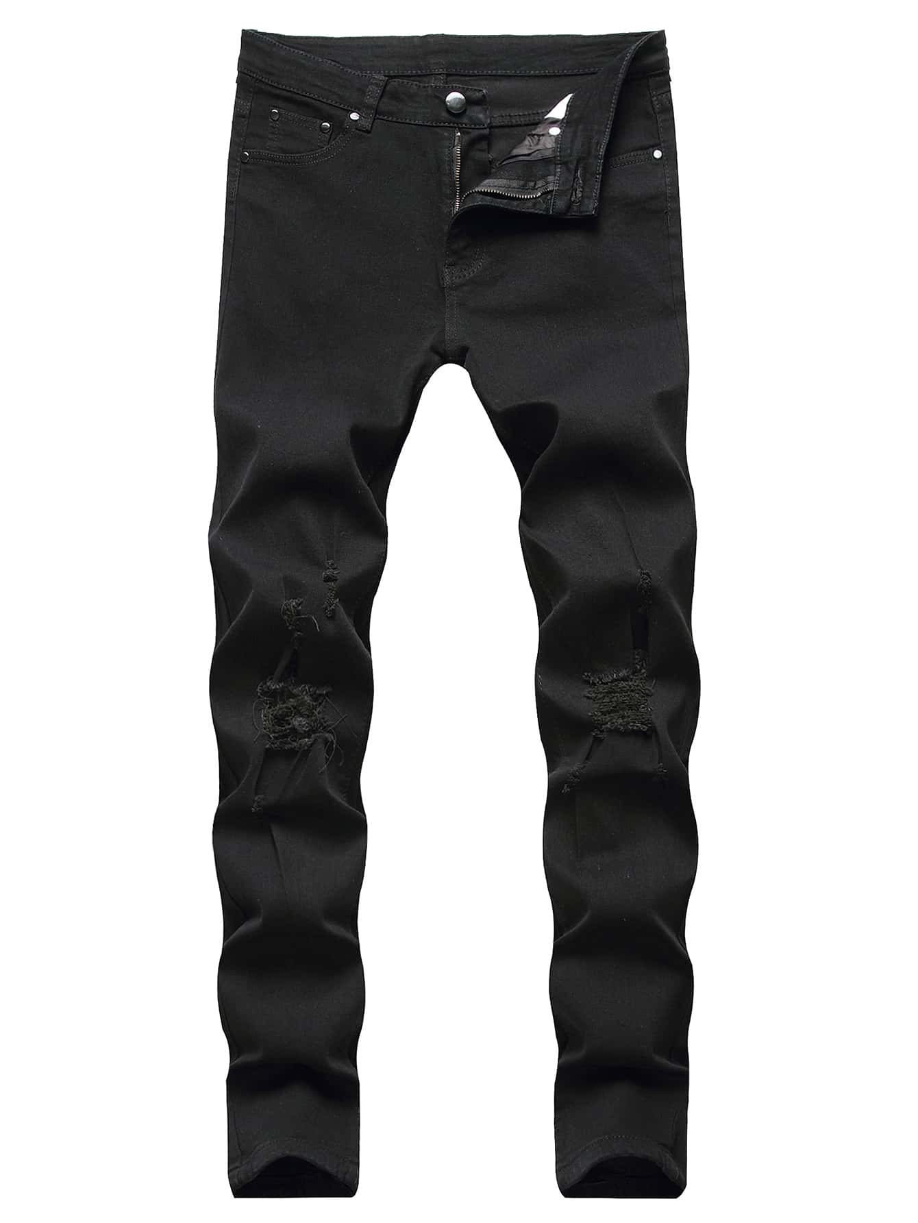 Men Cotton Zipper Fly Ripped Skinny Jeans