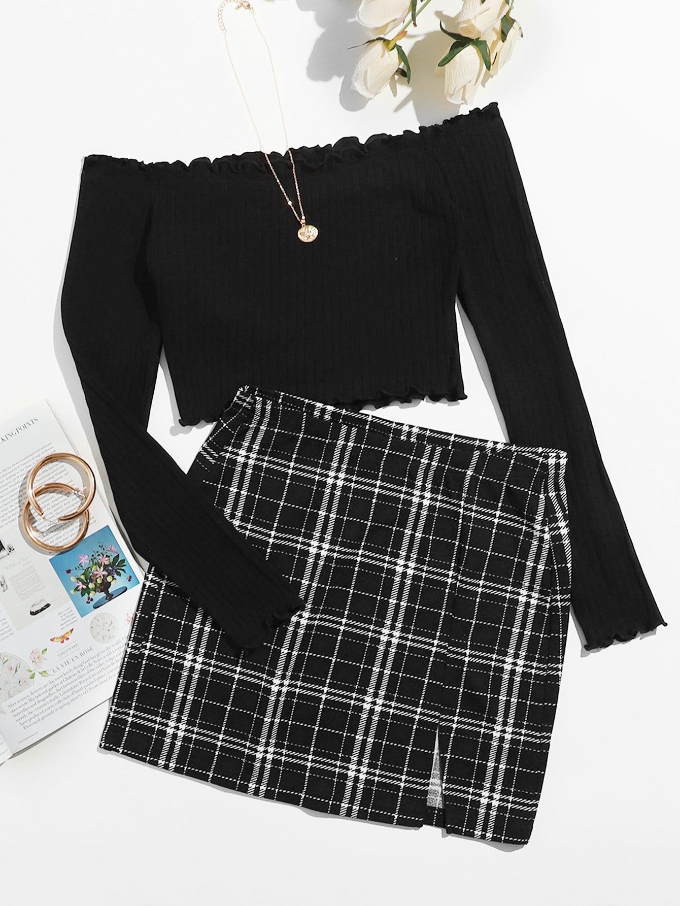 Off Shoulder Tee and Tartan Skirt Set