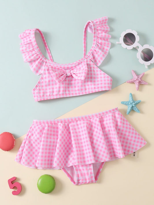 Young Girl Gingham Knot Front Bikini Set Summer Beach