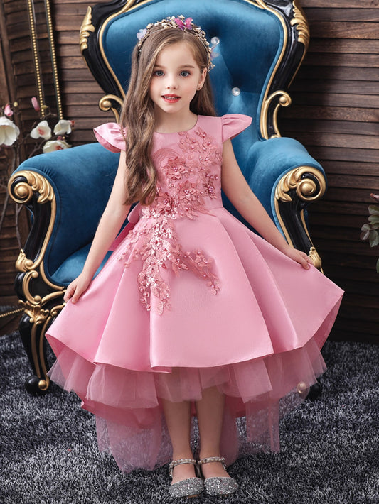 Tween Girl Pearls Appliques Mesh Panel Gown Dress