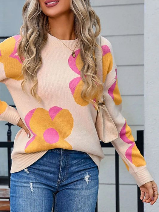 Flower Round Neck Long Sleeve Sweater