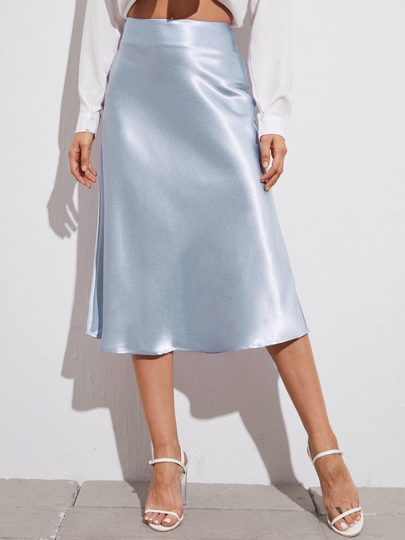 Zipper Side Solid Satin Skirt Without Belt