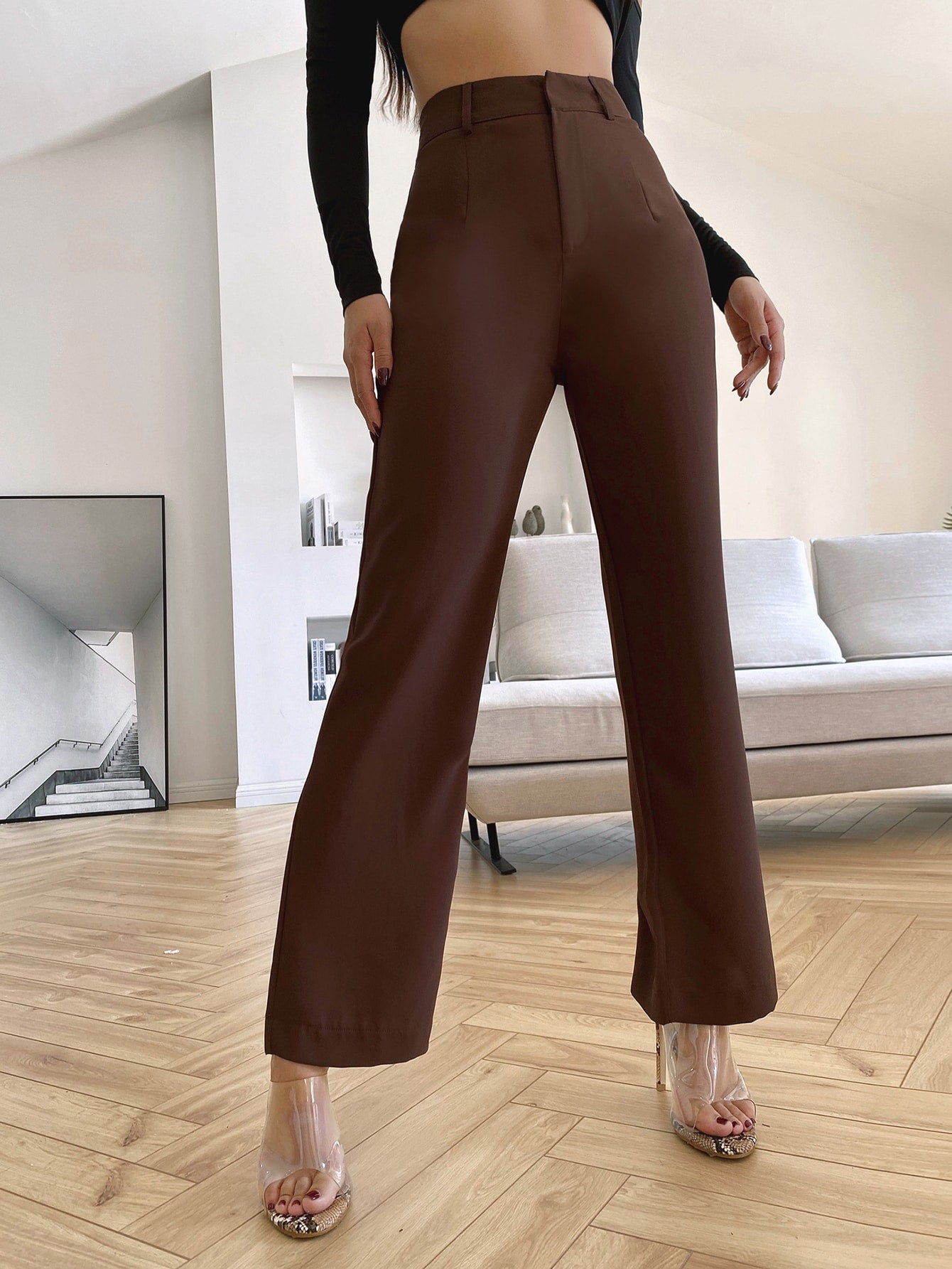 Solid High Rise Tailored Pants