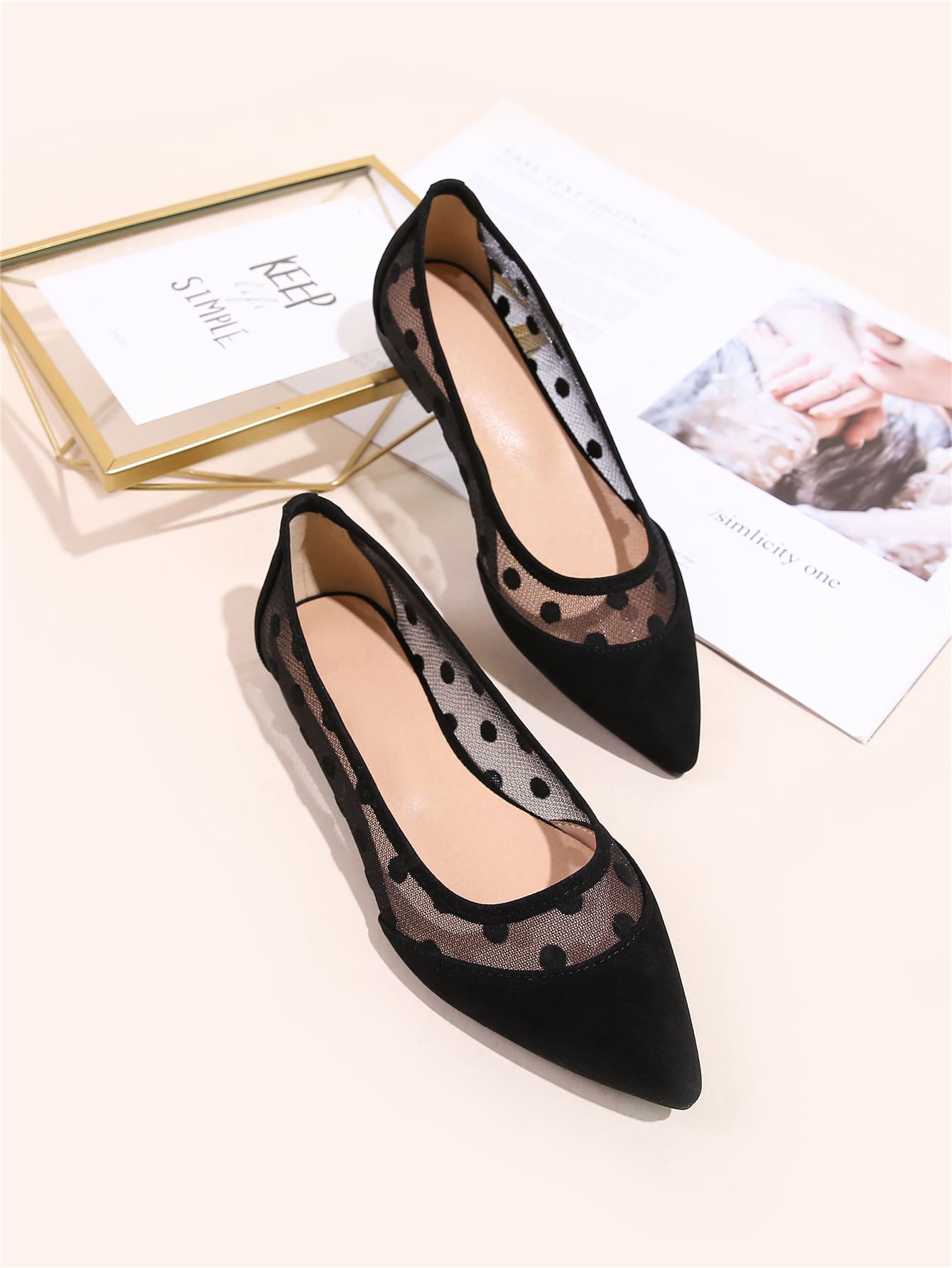 Women Polka Dot Decor Contrast Mesh Point Toe Ballet Flats, Fashionable Black Dancing Shoes