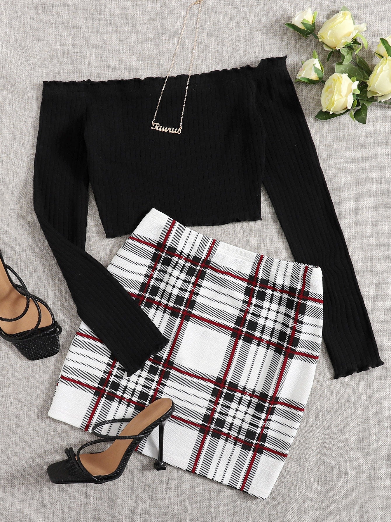 Off Shoulder Lettuce Edge Tee And Tartan Two Piece Skirt Set