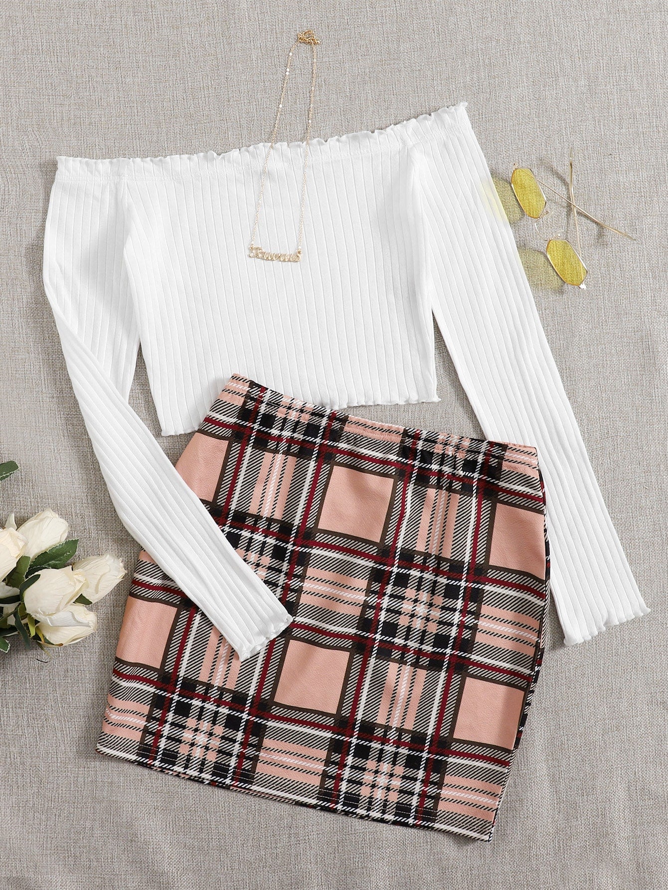 Off Shoulder Lettuce Edge Tee And Tartan Two Piece Skirt Set