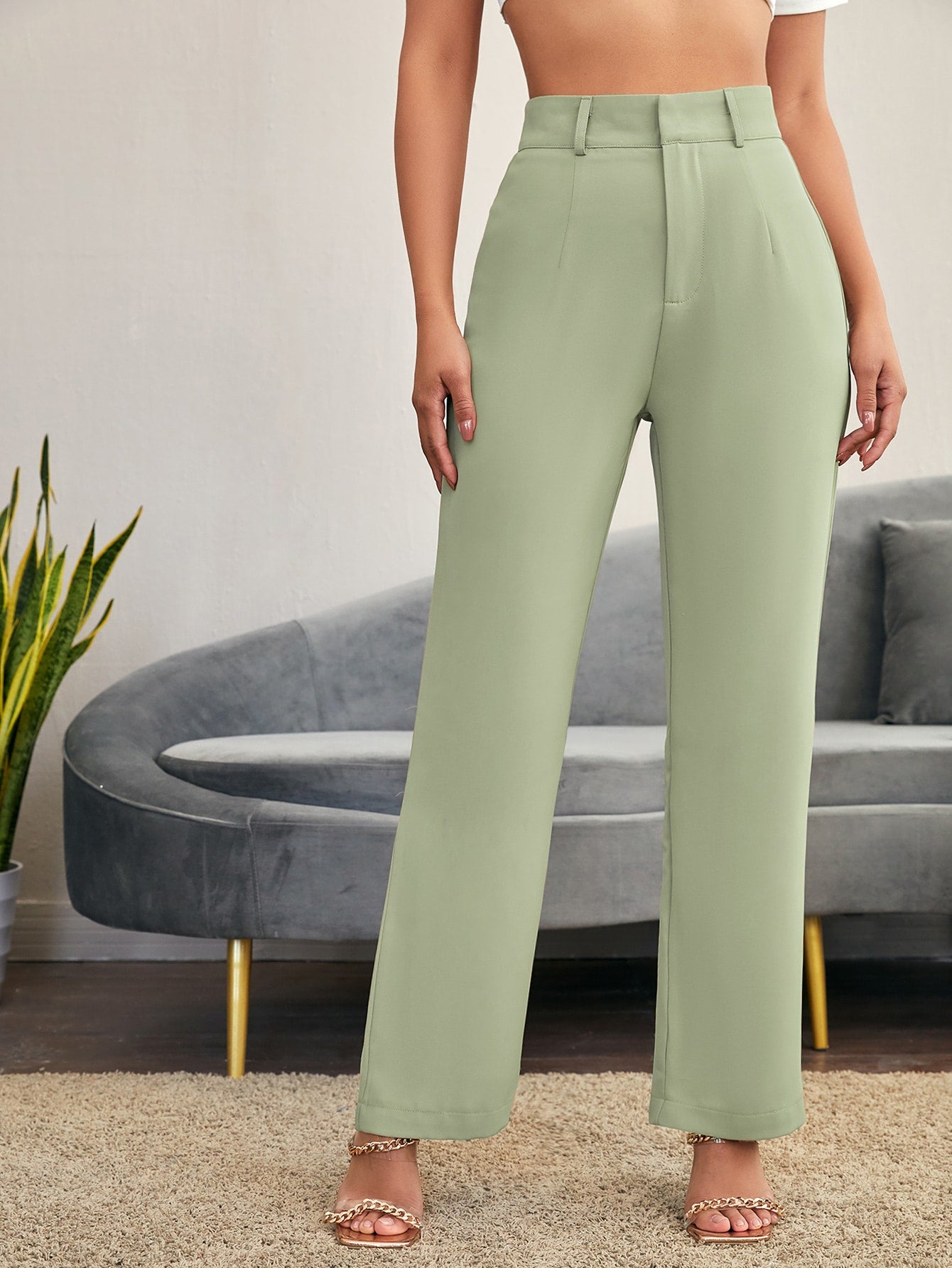 Solid High Waist Straight Leg Suit Pants