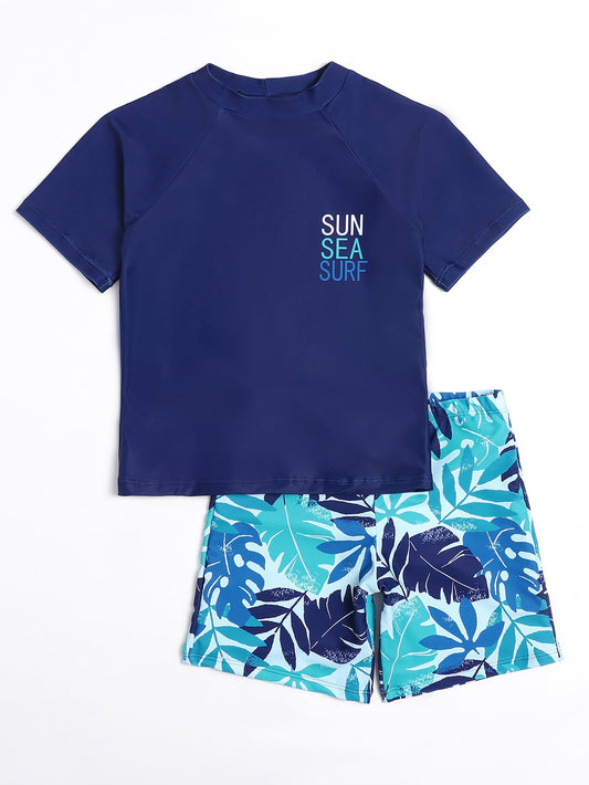 Tween Boy Leaf & Letter Graphic Swimsuit