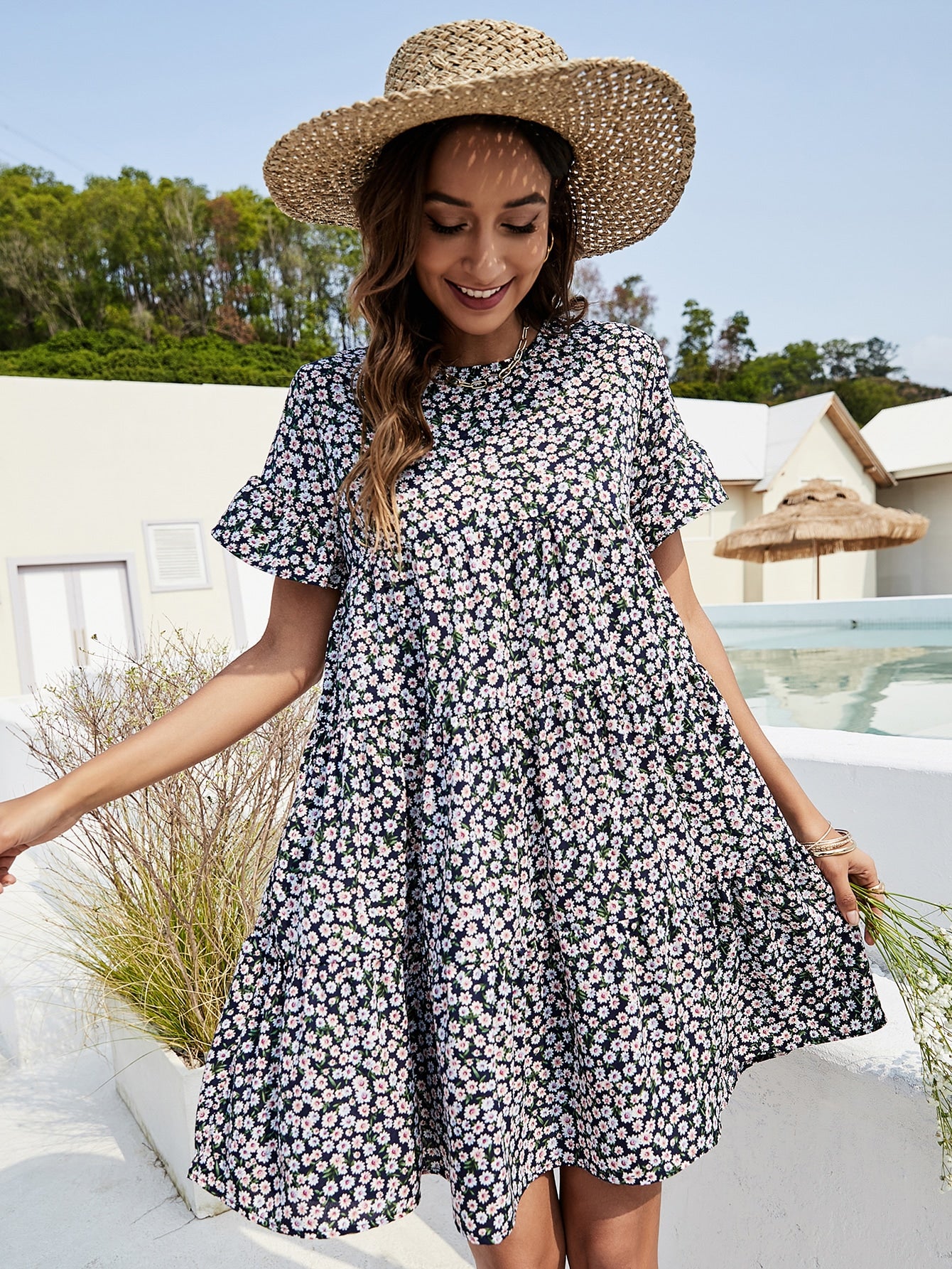 Solid Flounce Sleeve Smock Dress