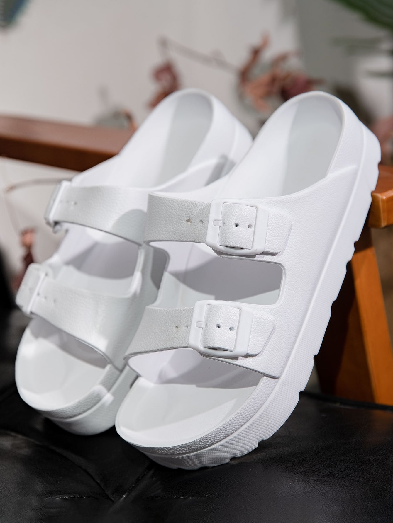 Women Buckle Decor Double Band Flatform Footbed Sandals, Punk Summer White Sport Sandals