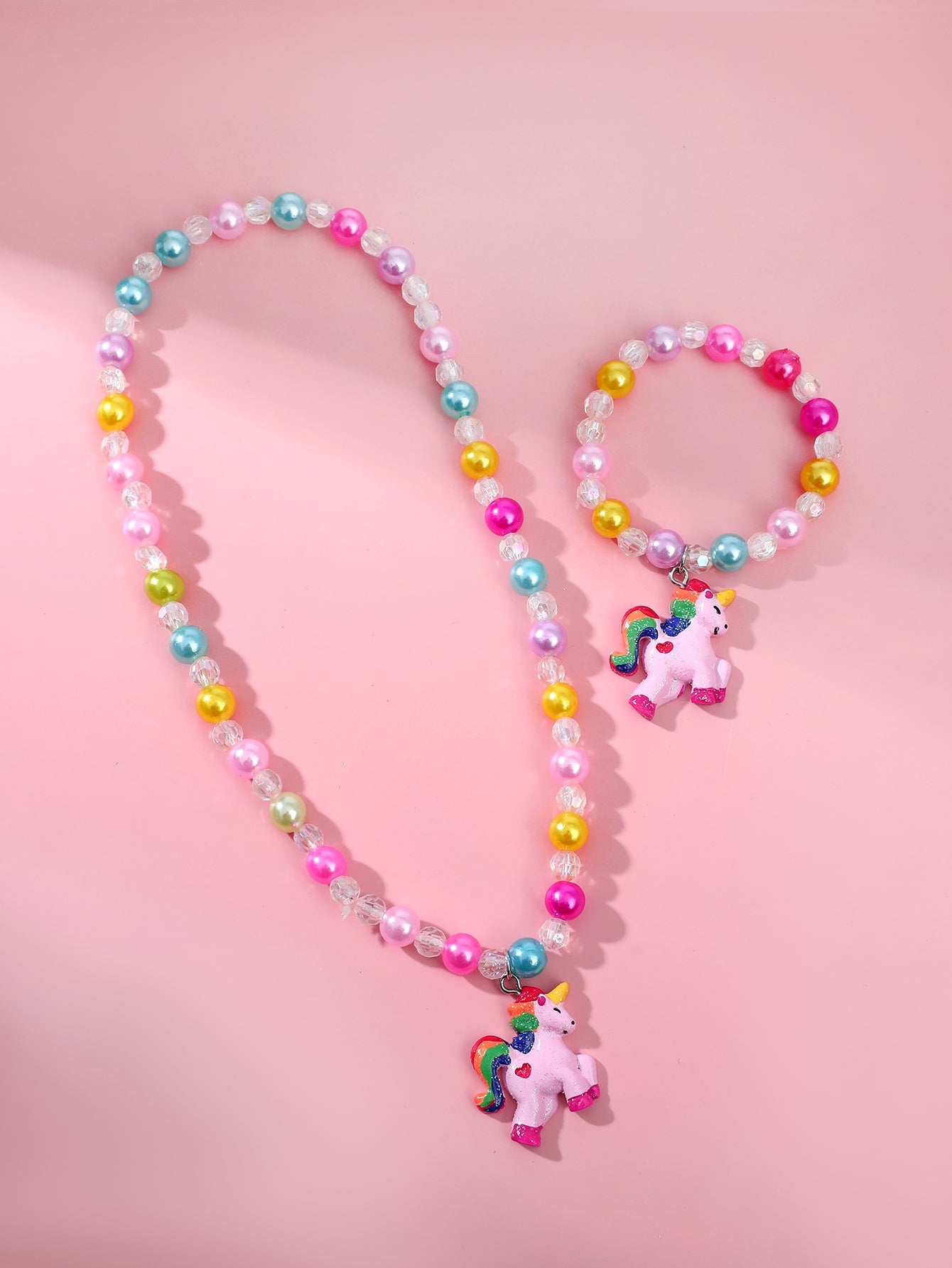 2pcs/Set Girls' Lovely Unicorn Pendants Charm Beaded Bracelet & Necklace Set, Random Color For Festival Parties Birthday Gifts Accessories