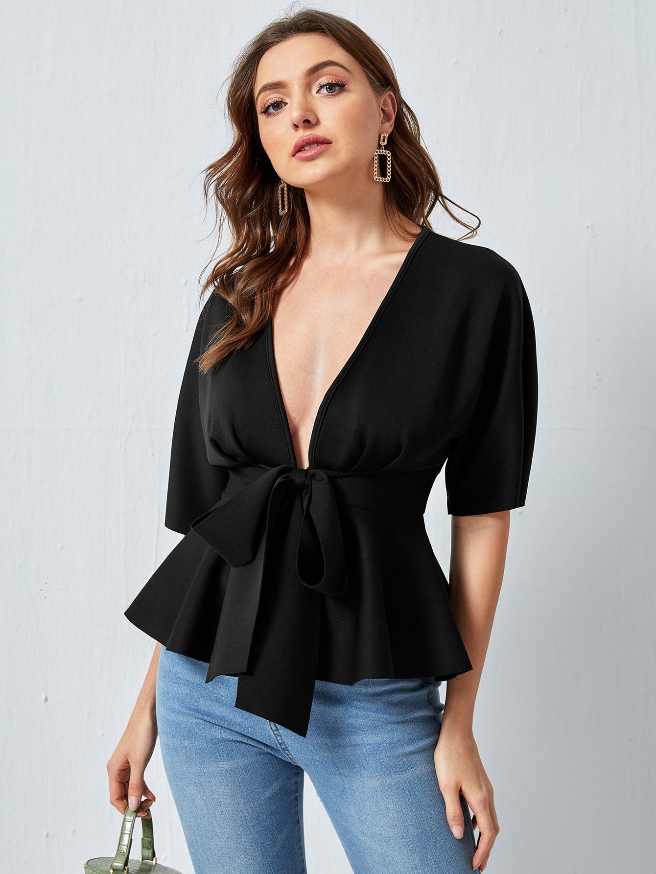 Plunge Neck Tie Waist Peplum Top