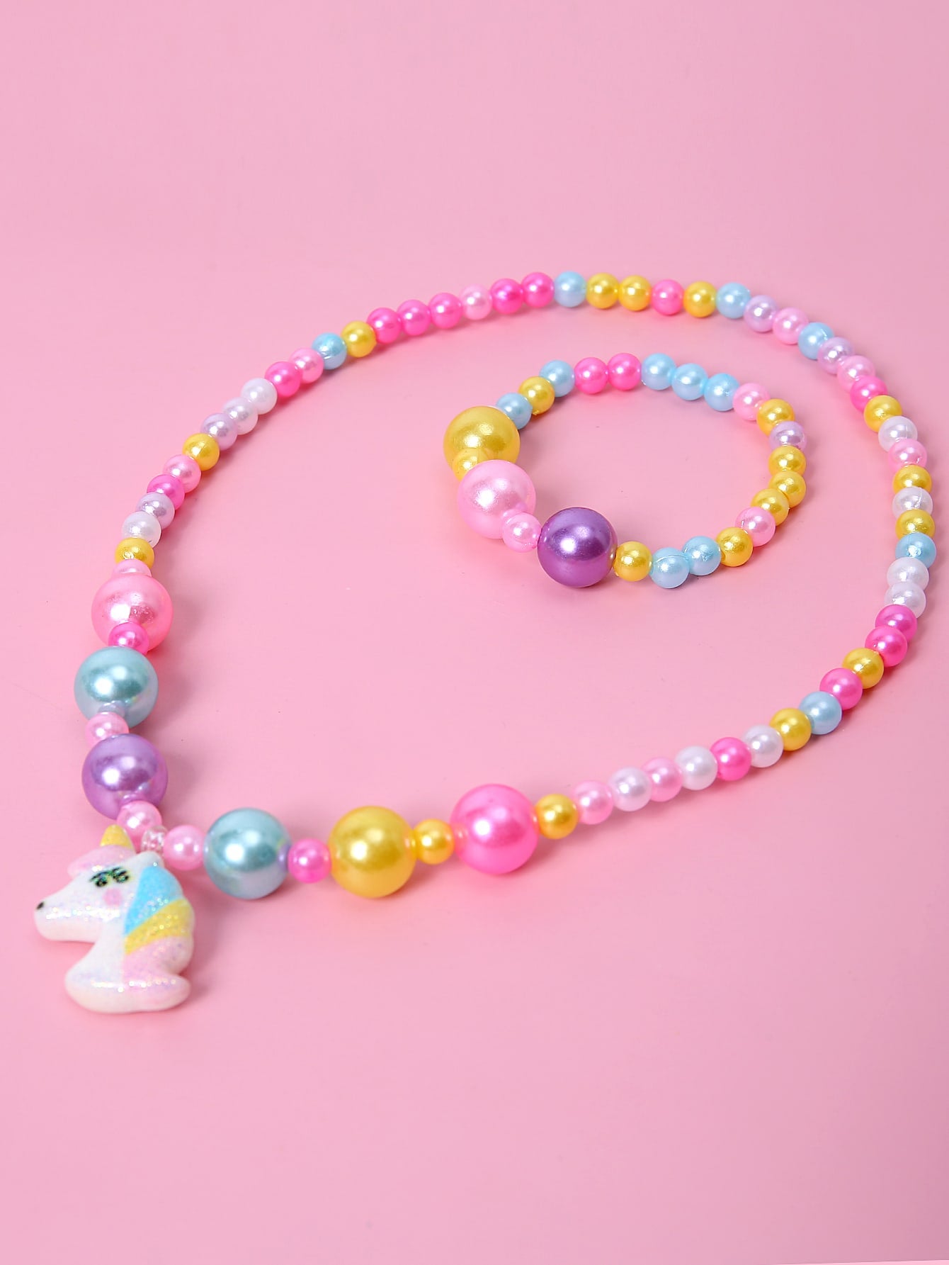 2pcs/Set Girls' Lovely Unicorn Pendants Charm Beaded Bracelet & Necklace Set, Random Color For Festival Parties Birthday Gifts Accessories