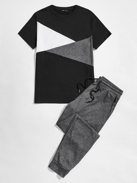 Men Cotton Colorblock Tee & Tie Waist Sweatpants Set