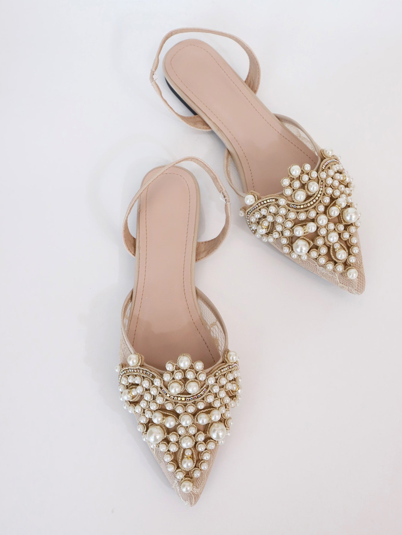 Women Faux Pearl & Rhinestone Decor Slingback Flats, Fashion Outdoor Flats