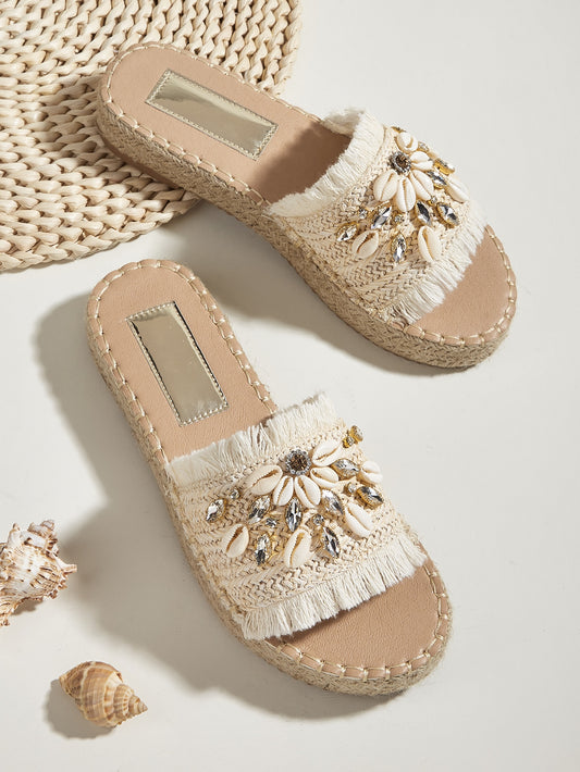 Women Rhinestone & Shell Decor Espadrille Sandals, Vacation Beige Outdoor Straw Flat Sandals