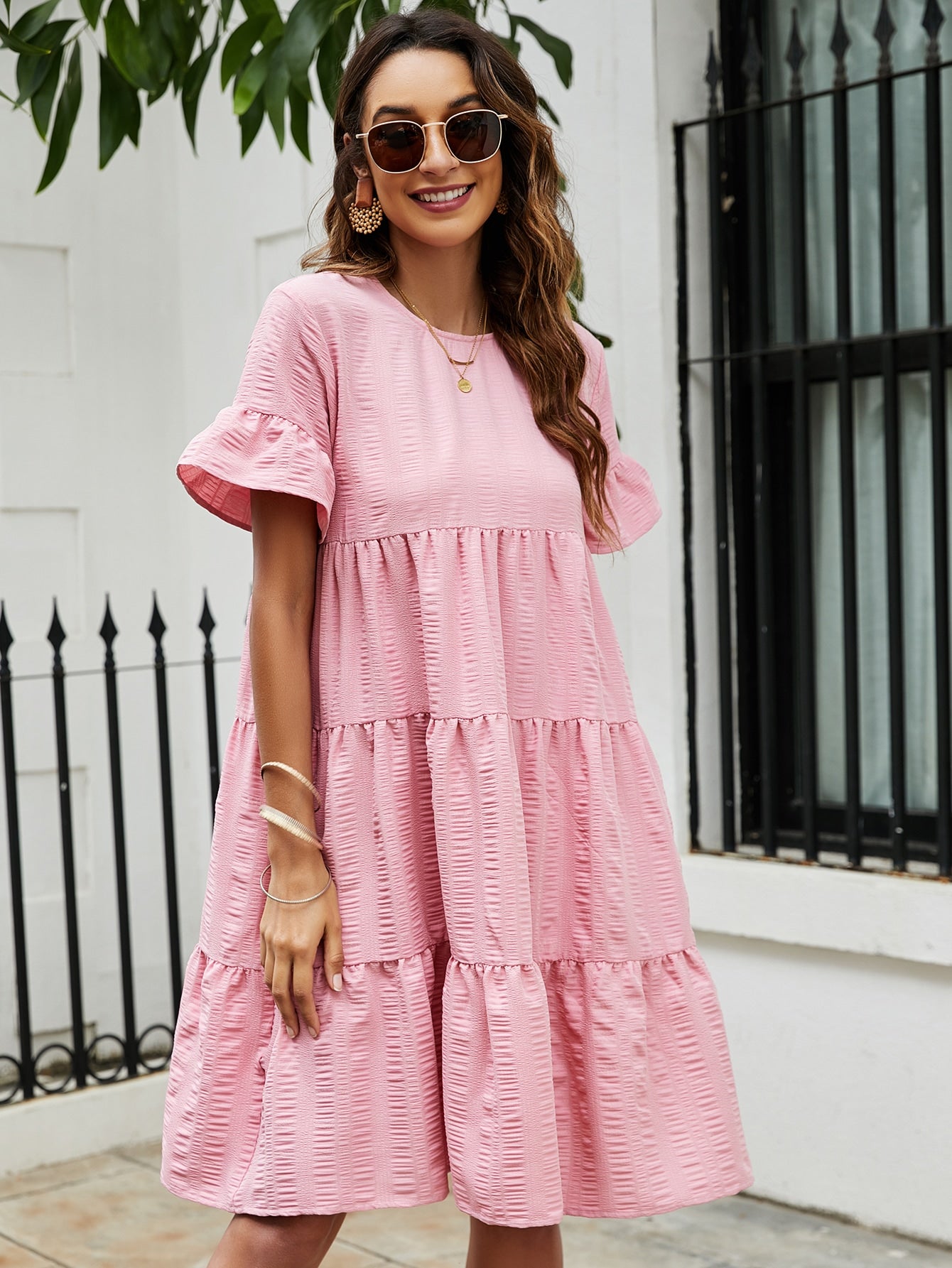 Flare Sleeve Ruffle Hem Smock Dress