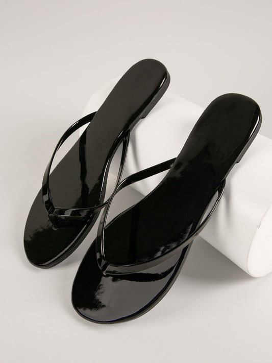 Faux Patent Leather Thong-Toe Flip Flops