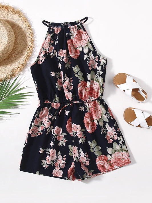 Teen Girls Floral Print Knot Waist Halter Romper