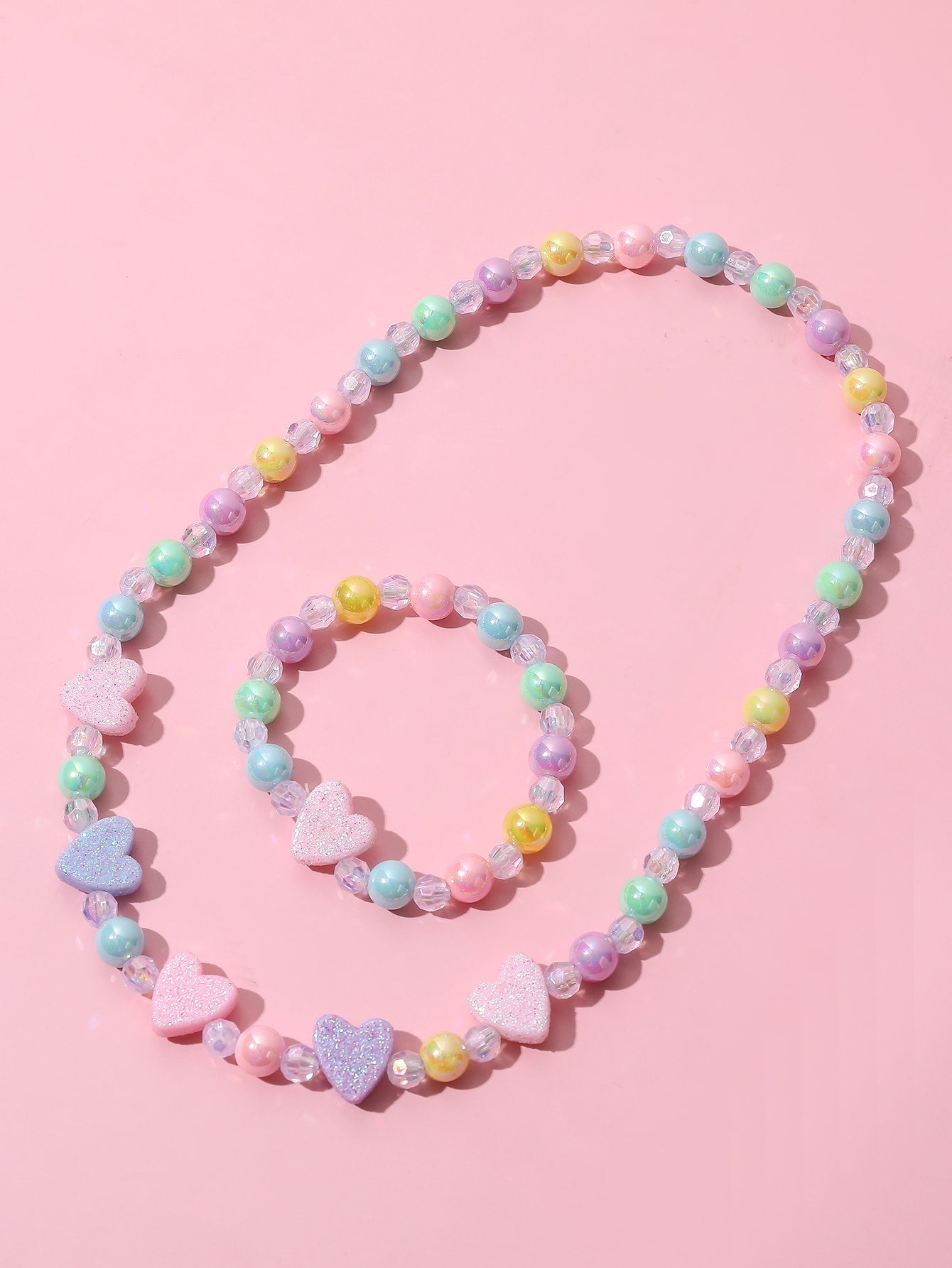 Girls Heart Decor Beaded Necklace & Bracelet