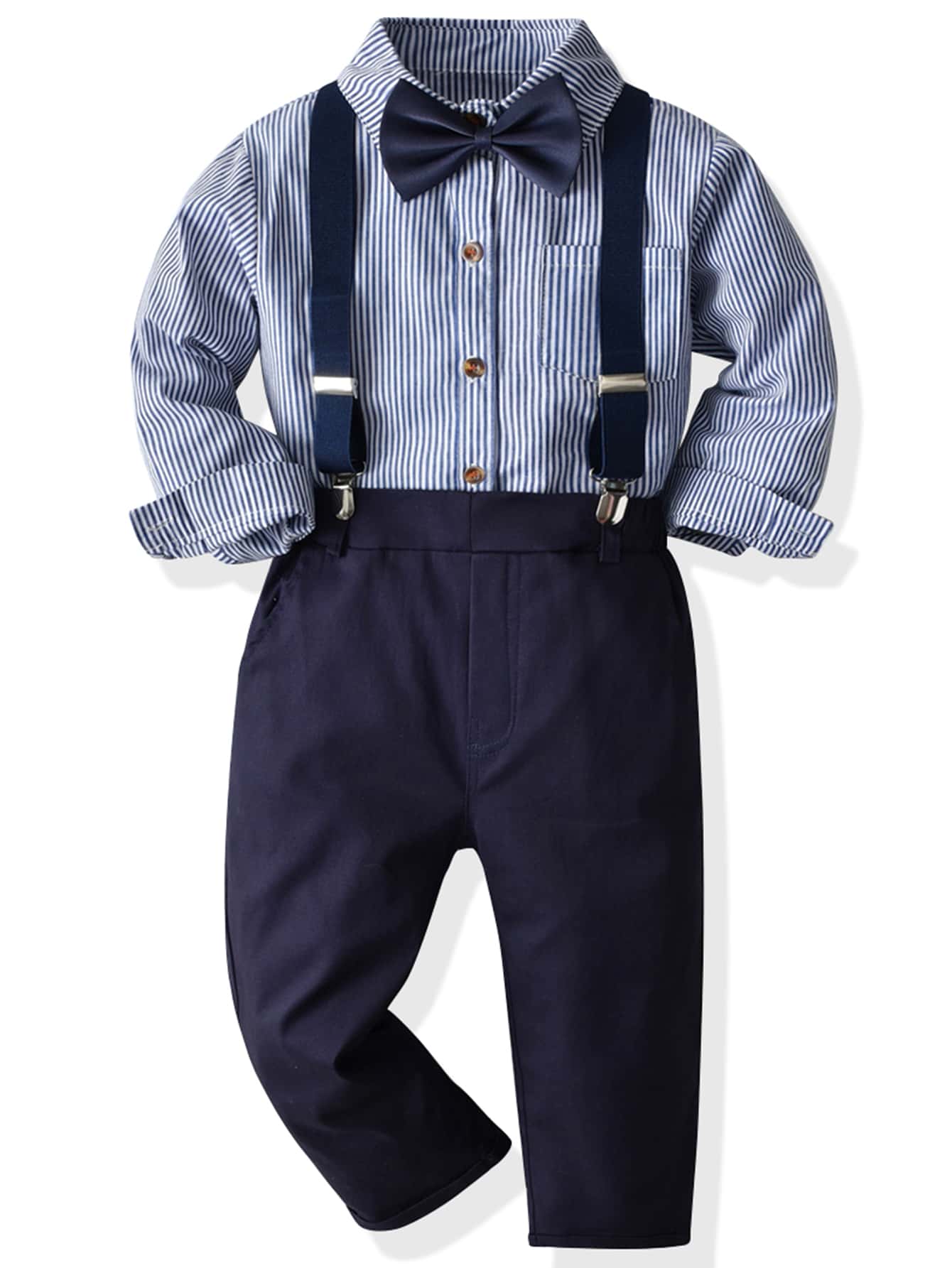 Young Boy Striped Bow Front Shirt & Pinafore Pants Set