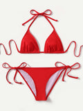Swim Summer Beach Mono Bikini Set Halter Triangle Bra & Tie Side Bottom 2 Piece Swimsuit